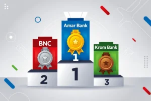 iIlustrasi podium kompetisi- Amar Bank di 1, BNC 2, Krom Bank 3 dengan visual trophy-medal