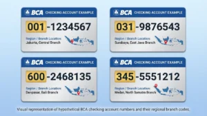 Tabel visual atau kartu-kartu yang menampilkan 3-5 contoh nomor rekening giro BCA dari berbagai wilayah.