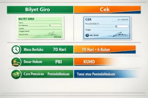 Tabel perbandingan bilyet giro dan cek meliputi masa berlaku dan dasar hukum