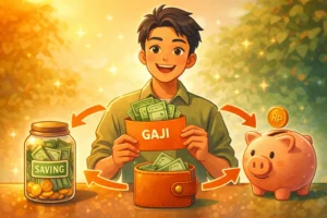 Ilustrasi pekerja mengatur pembagian gaji UMR untuk tabungan dan kebutuhan