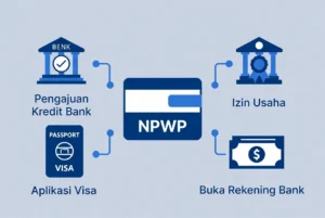 Infografis fungsi NPWP untuk kredit bank, izin usaha, dan pengajuan visa